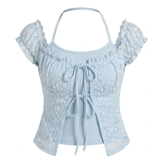 Light blue lace top with ruffled sleeves on a white background