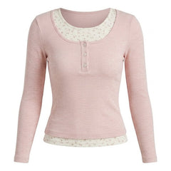 Pink long-sleeve top with lace trim on a white background