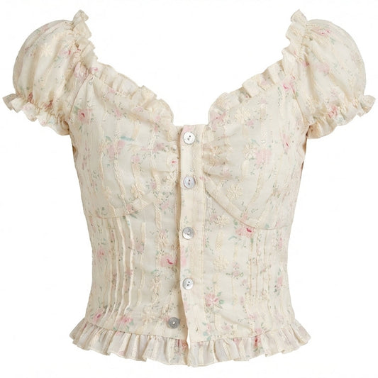 French Floral Lace Trim Short Sleeve Blouse - fairypeony