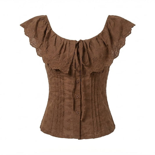 Ruffled Collar Blouse + Lace Patchwork Skirt + High Heel Shoes - fairypeony