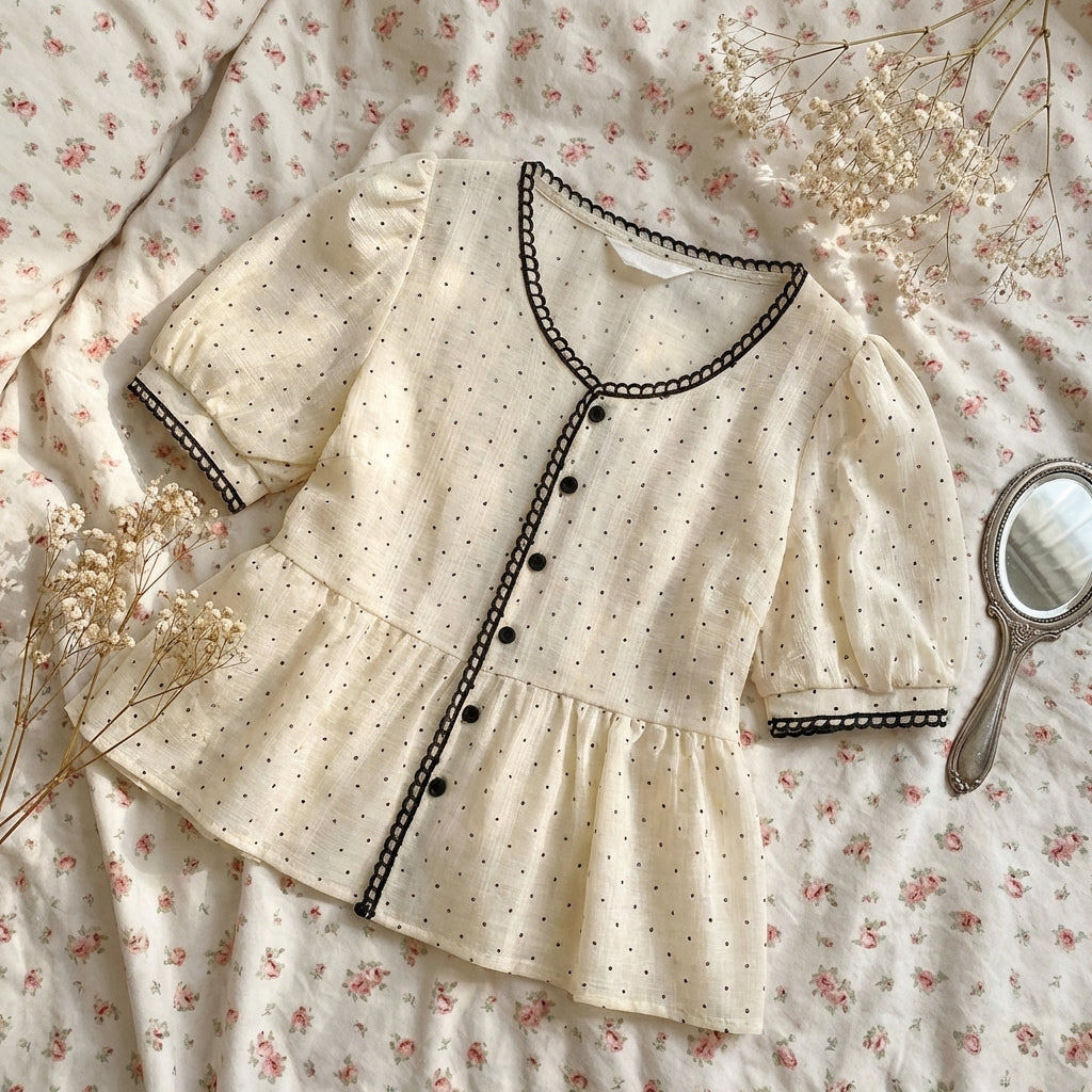 Aesthetic Polka Dot Lace Trim Blouse - fairypeony