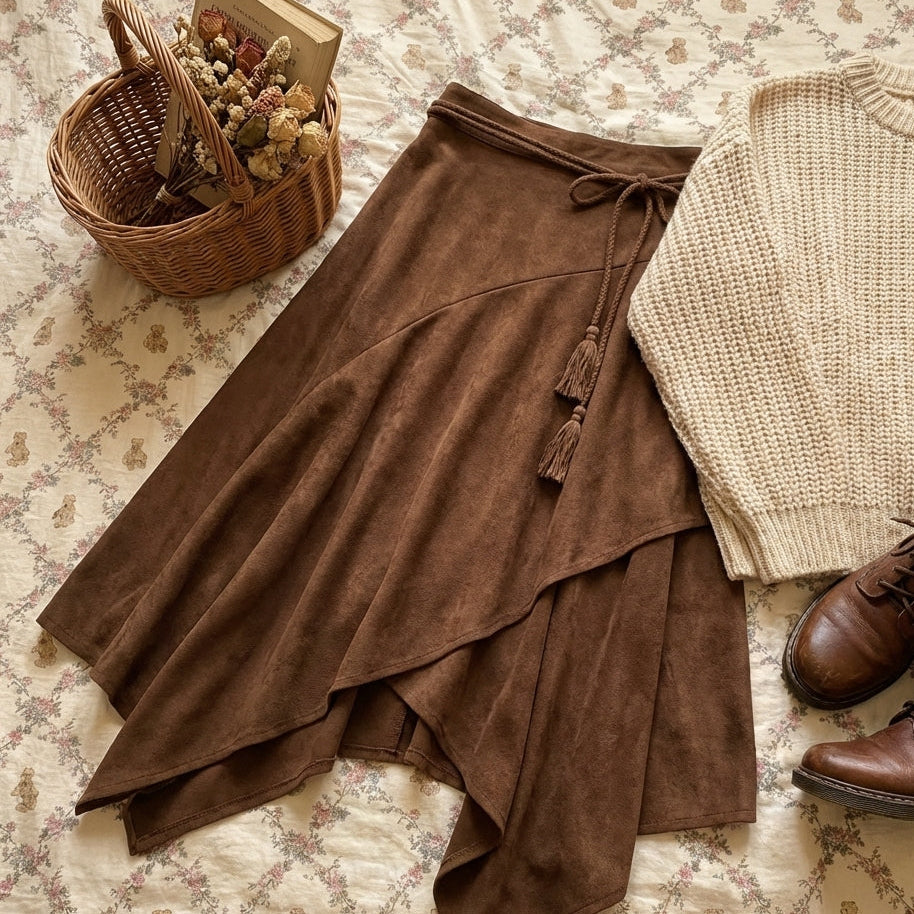 Retro Suede Flared Maxi Skirt - fairypeony