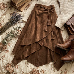 Retro Suede Flared Maxi Skirt - fairypeony