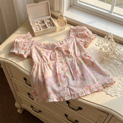 Pink Floral Bubble Short Sleeve Blouse