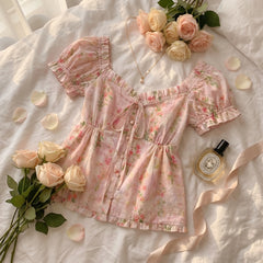 Pink Floral Bubble Short Sleeve Blouse