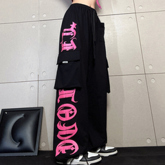 Gothic Letter Pocket Patch Wide Leg Sweatpants - fairypeony