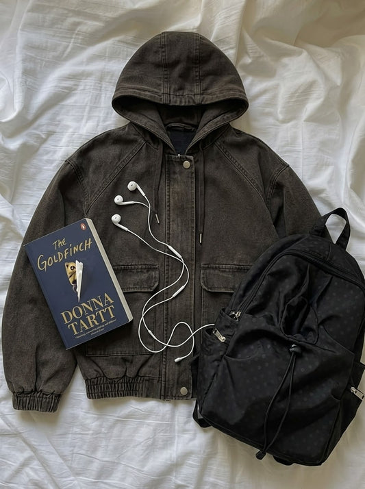 Hooded Patchwork Denim Jacket + Polka Dot Waterproof Nylon Backpack