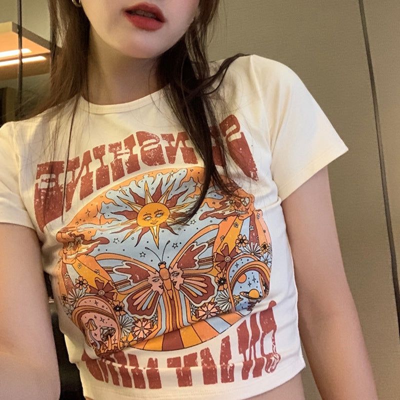 Indie Print Short Sleeve Crop Top - fairypeony