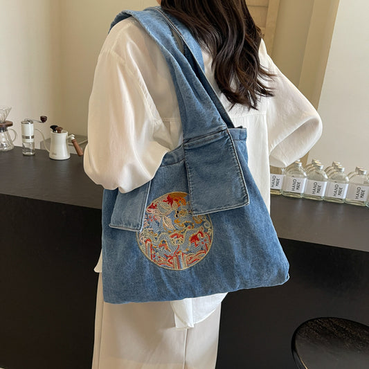 Indie Embroidered Denim Tote Bag