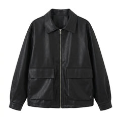 OOTD: Chic Lapel Double Pocket Leather Jacket + Wide-Leg Jeans