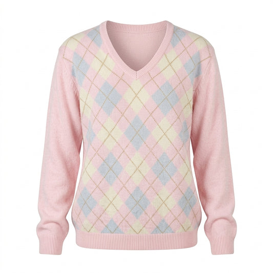 2000s Pink Argyle V-Neck Loose Pullover Sweater – Pastel Diamond Knit Top