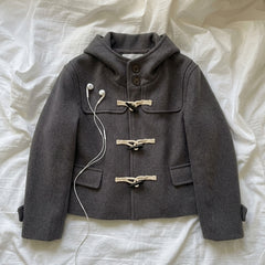 Vintage Duffle Button Hooded Wool Coat – Cropped Chenille Toggle Coat in 3 Colours