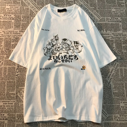 Japanese Cats Print Oversized T-shirt