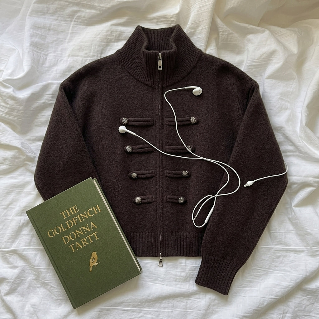 A dark brown ribbed knit zip-front sweater with toggle-style buttons, laid flat on white fabric. A green book titled "The Goldfinch: Donna Tartt" and white wired earphones are placed beside it as styling props.