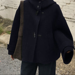 Korean-Style Hooded Woolen Jacket – Horn Button Loose Coat in Black