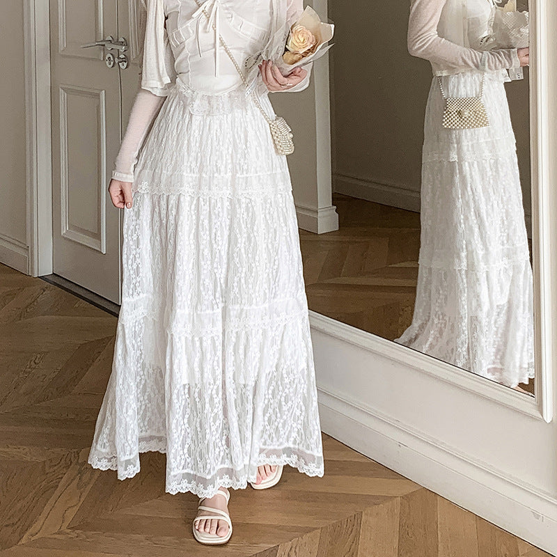 OOTD: Lace Trim Bow Square Neck Tee + Lace Patchwork Fairy Ruffled Maxi Skirt - fairypeony