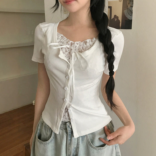 Lace Stitching Tied Square Collar Short Sleeve Tee
