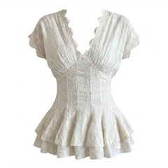 V-Neck Ruffled Blouse + Wide Leg Denim Pants + Mary Jane Sandals + PU Leather Backpack - fairypeony