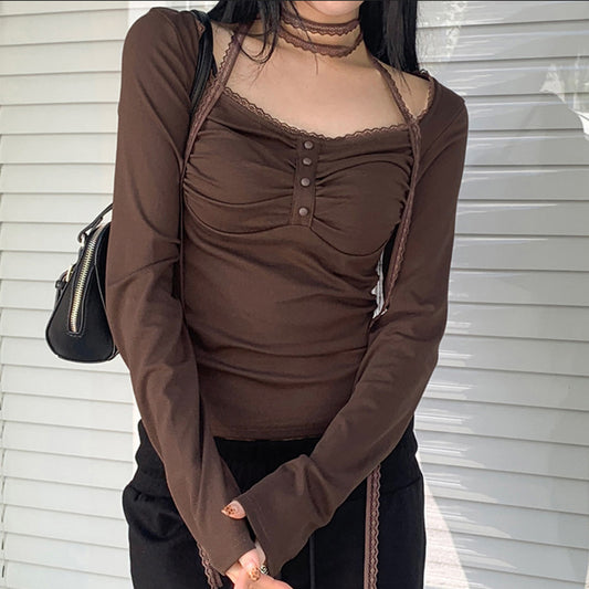 Lace Trim Square Collar Lace Ribbon Long Sleeve Tee