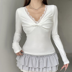 Lace Trim V-Neck Stitched Long Sleeve Tee