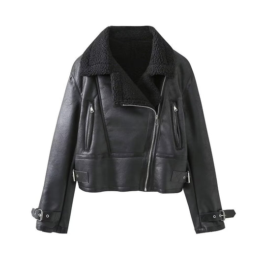 Lamb Wool Zip Up Pu Leather Jacket - fairypeony