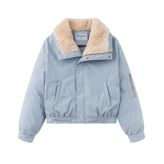 A light blue puffer jacket with a beige sherpa fleece collar, featuring a snap-button front, zippered pockets, and a zip pocket on the sleeve, shown against a plain white background.