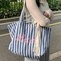 Large Capacity Striped Tote Bag - fairypeony