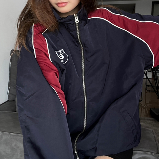 Logo Print Piping Details Oversized Jacket - fairypeony