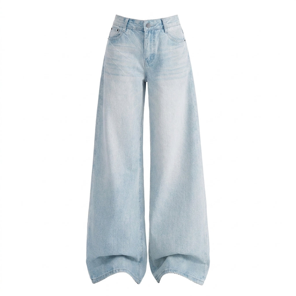 Light wash blue wide-leg denim jeans shown flat against a solid white background.