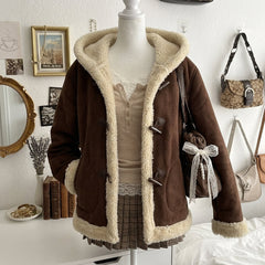 Thickened Hooded Horn Button Fur Outwear