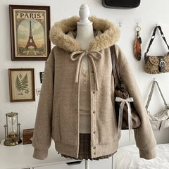 Velvet Hooded Winter Coat with Faux Fur Collar