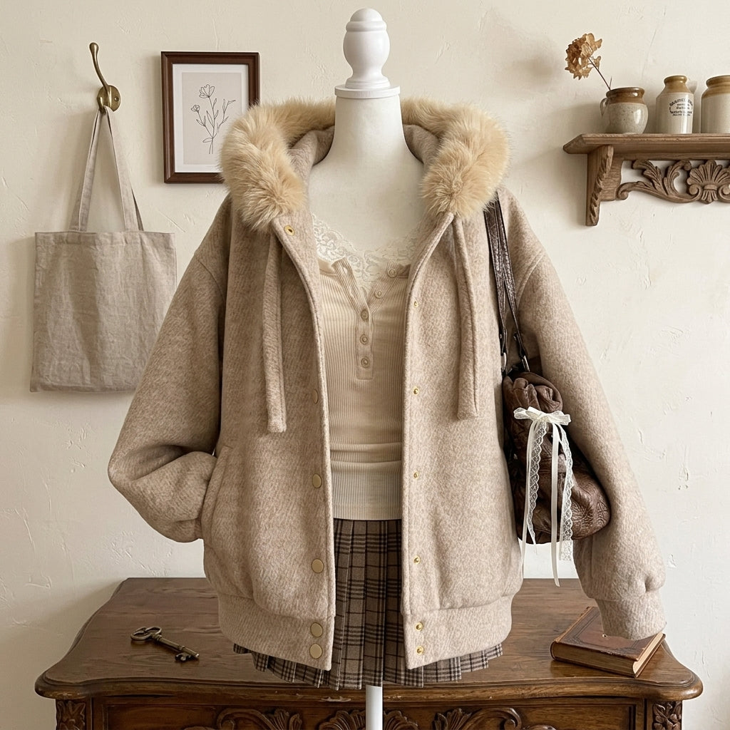 Velvet Hooded Winter Coat with Faux Fur Collar