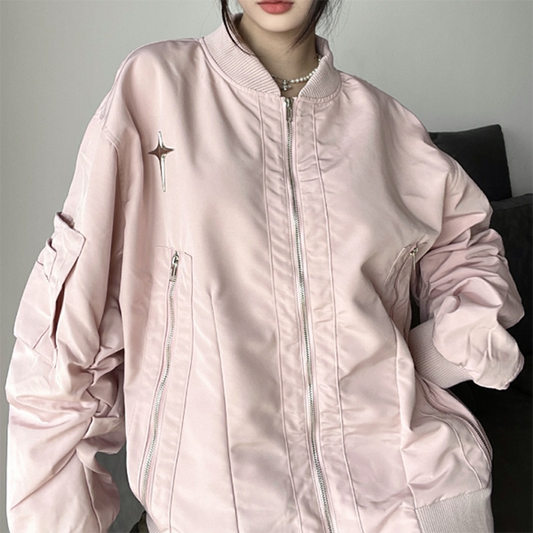 Metal Star Oversized Zip Up Bomber Jacket - fairypeony