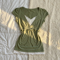 2000s Olive Green Lace V-Neck Top – Drawstring Tie Faux Two-Piece Cap Sleeve S–L