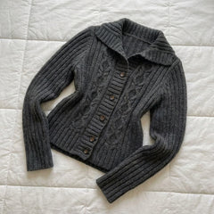 2000s Cable Knit Lapel Button Cardigan – Chunky Oversized Sweater in Dark Gray One Size