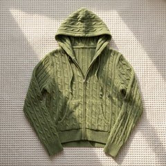 2000s Cable Knit Zip-Up Hooded Cardigan – Avocado Green One Size
