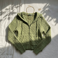 2000s Cable Knit Zip-Up Hooded Cardigan – Avocado Green One Size