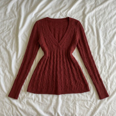 Retro V-Neck Knit Sweater – Twist-Pattern Pullover in Brown Red Grey S–L