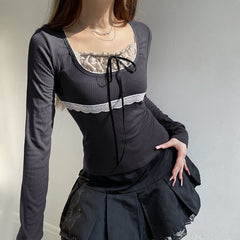 Lace Stitching Bow Patchwork Long Sleeve Tee