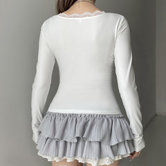 Lace Trim V-Neck Stitched Long Sleeve Tee