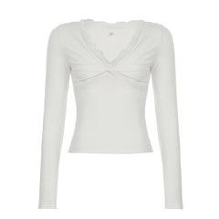 Lace Trim V-Neck Stitched Long Sleeve Tee