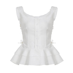 U Collar Lace Trim Button Sleeveless Blouse