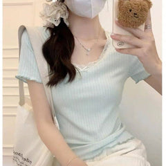 Aesthetic Lace Trim Short Sleeve Bow Tee