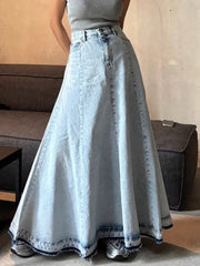 Vintage Light Wash Flared Maxi Skirt