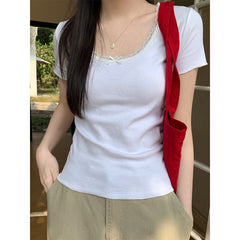 Lace Trim Round Neck Bow Floral Print Tee