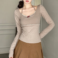 Aesthetic Halter Neck Bow Long Sleeve Tee