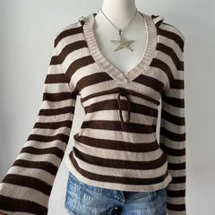 Vintage V-Neck Front Tie Hooded Sweater