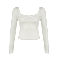 Solid Color Square Neck Lace Trim Bow Tee