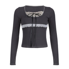 Lace Stitching Bow Patchwork Long Sleeve Tee