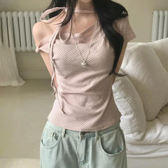 Polka Dot Print Off Shoulder Short Sleeve Tee